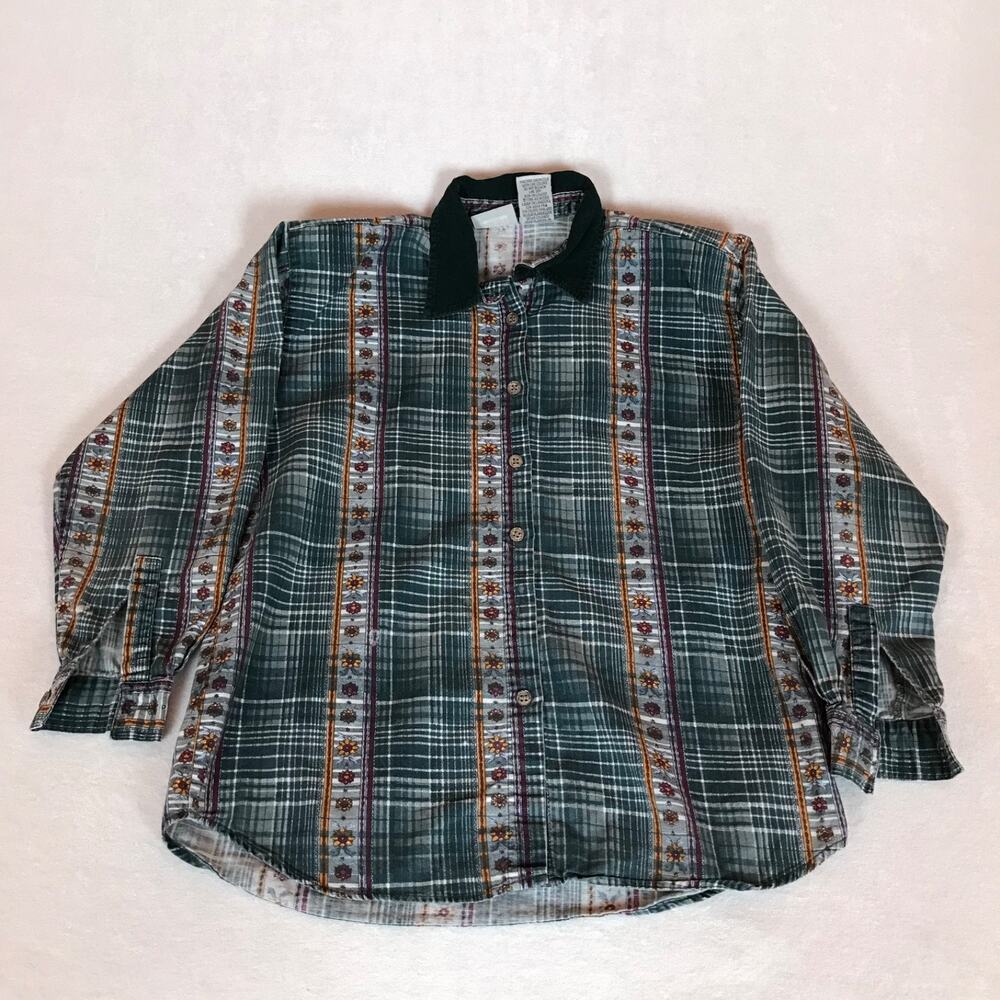 Vintage Capacity 90s Cotton Cottagecore Floral Green Plaid Striped Button Shirt